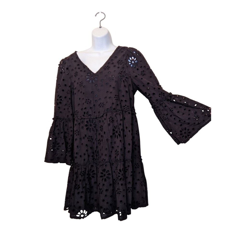 Mudpie Eyelet Cotton Knee Length Mini Dress Whimsigoth Coquette Black Small